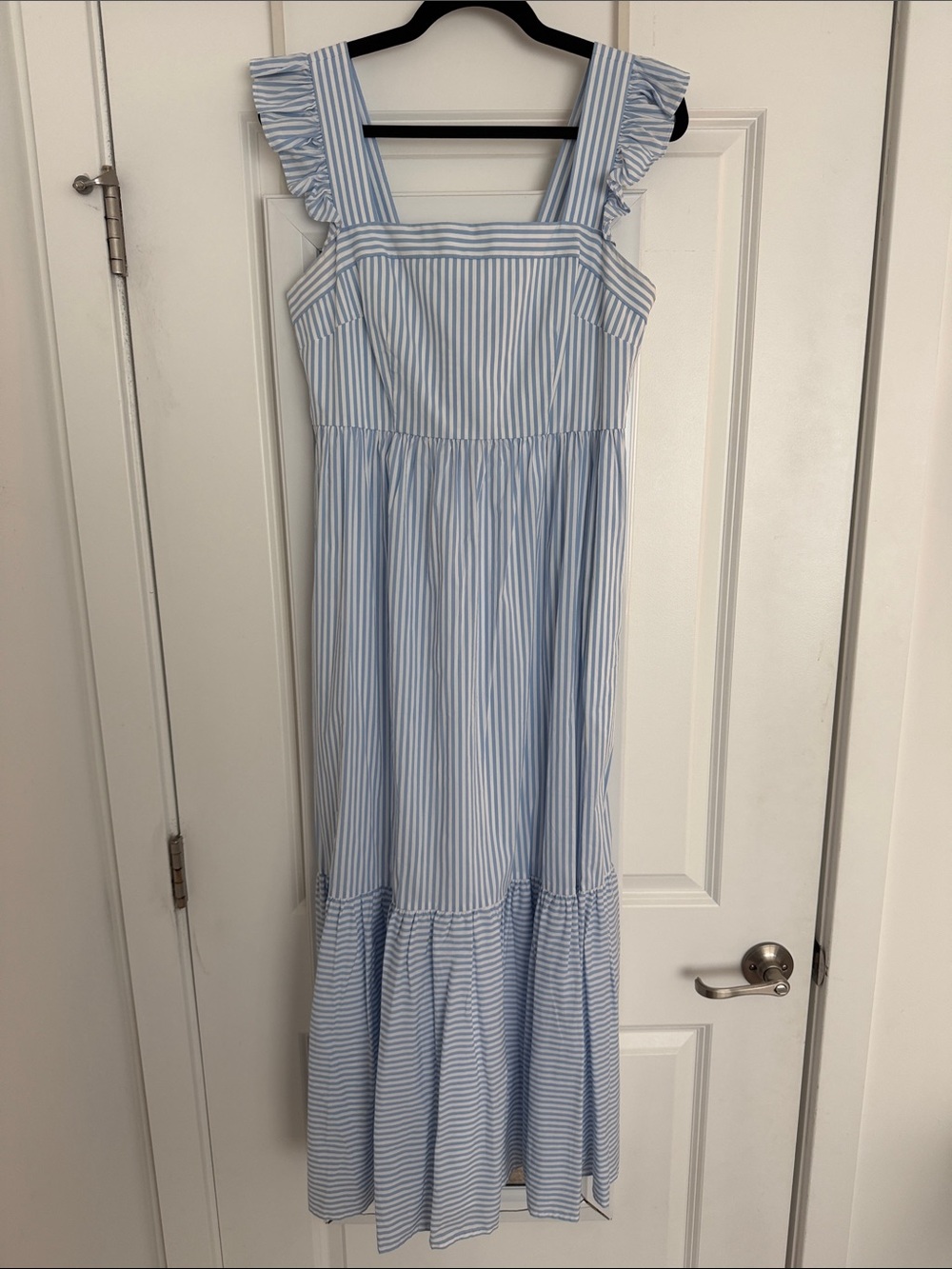 Gal Meets Glam Blue & White Striped Ruffle Strap Maxi Dress